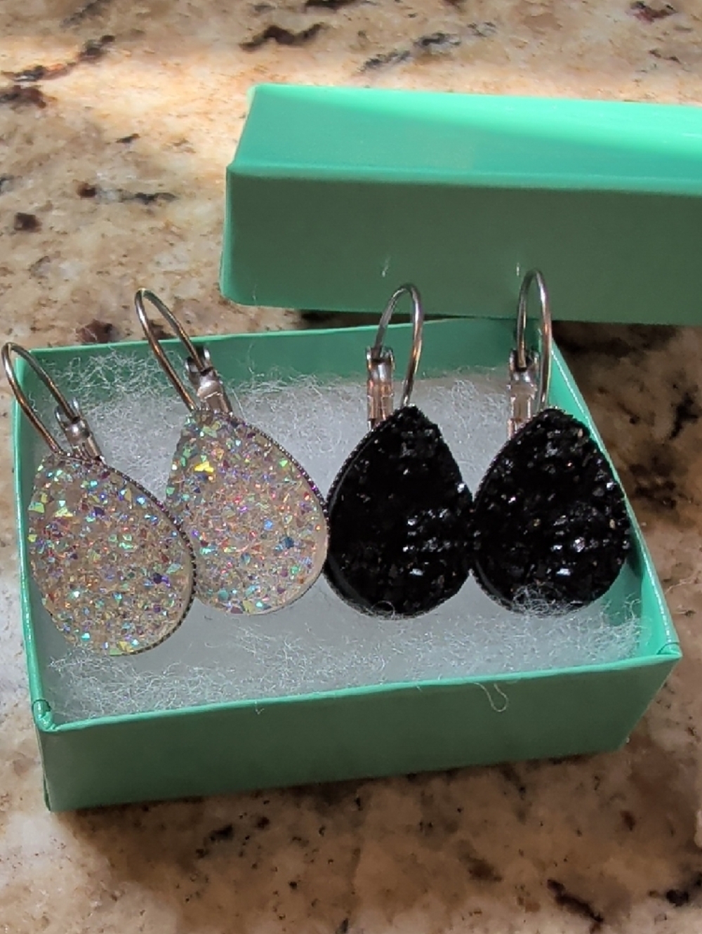 2 For $20.00- Teardrop Druzy Style  - Black & Iridescent Glitter Earrings